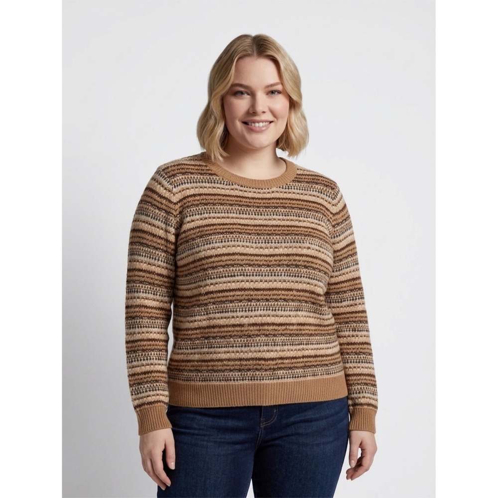 89th & Madison Womens Brown Fair Isle‎ Striped Crewneck Sweater 1X Plus Size